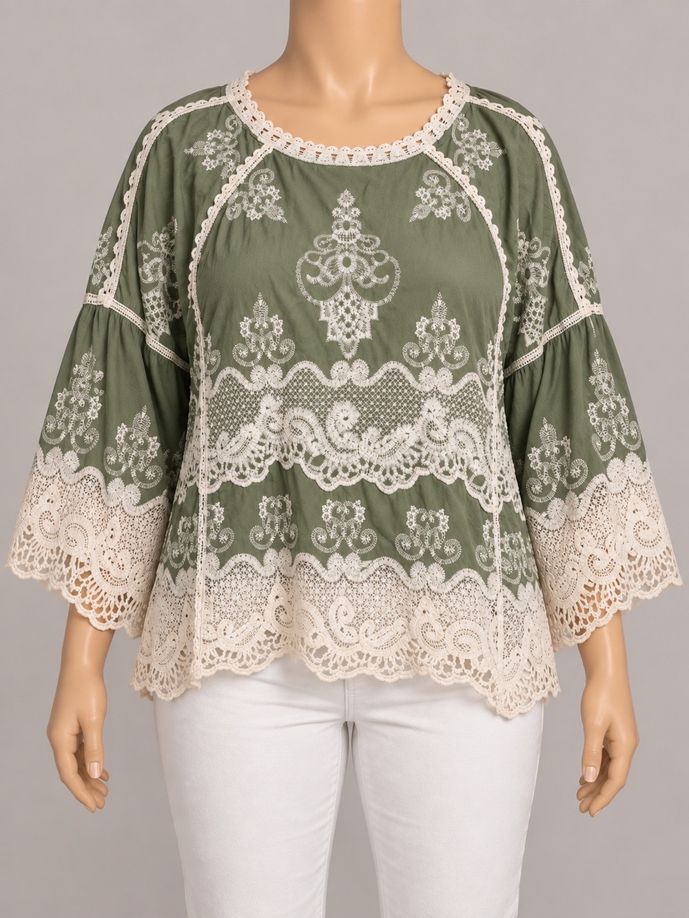 Democracy Sage Green Embroidered Lace Boho Blouse 2X